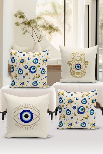 Bertille Home Nazar Series Double Sided Digital Printed 4-Piece Throw Pillow Case Set (Evil Eye Cushion Cover)