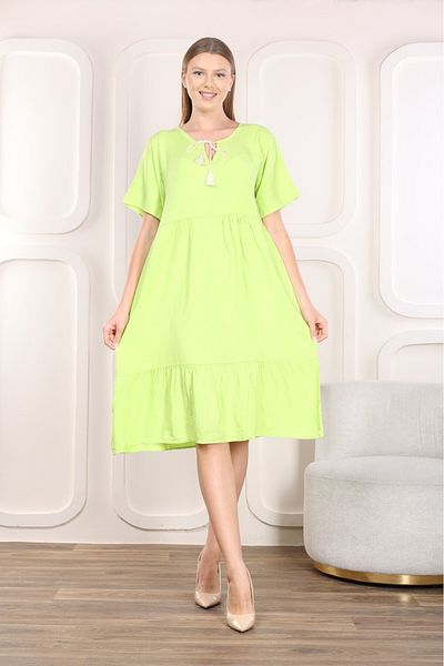 mervemoda Women's woven summer short sleeve knee-high dress