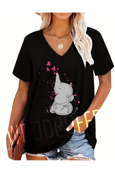 WOODROFFE Dámské tričko volného střihu s výstřihem do V s černým potiskem - B...