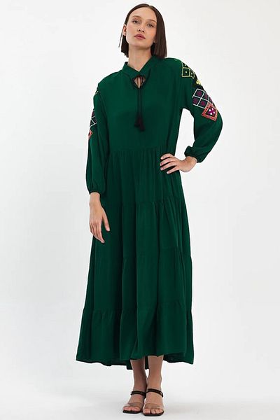 AYASOFYA OTANTIK Rochie de damă cu mânecă lungă, cu umeri, cu broderie verde