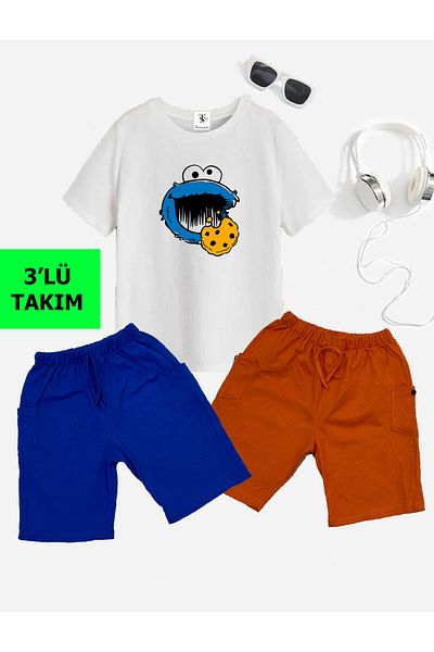 twins tailors Cookie Monster Printed 2 Shorts 1 T-shirt Summer Children's Set