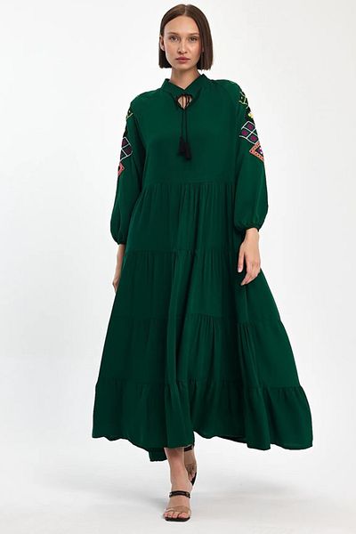 AYASOFYA OTANTIK Rochie de damă cu mânecă lungă, cu umeri, cu broderie verde