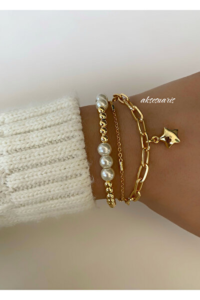 aksesuaris 3'Lü Gold Yıldız Cam İnci Bileklik Set