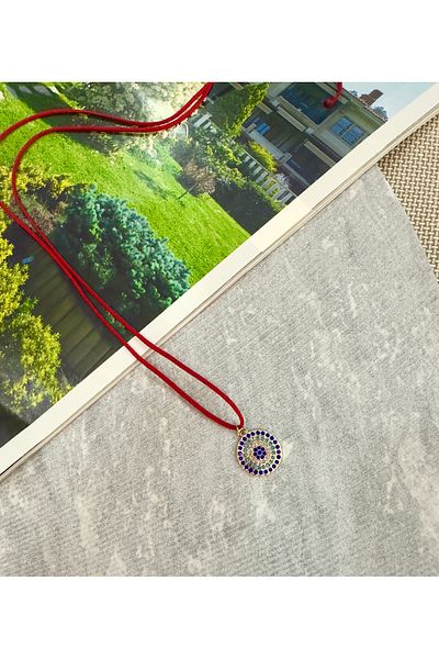 Atelier Çağla Red Rope Necklace with Zircon Stone and Evil Eye Bead Detail