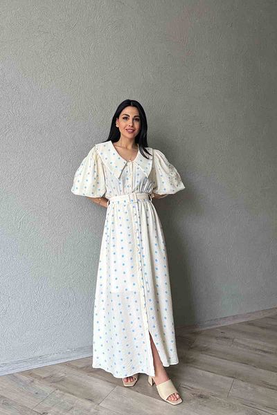 Seda Yalçın Atelier Rochie albastră cu mâneci cu balon, cu modele cu buline