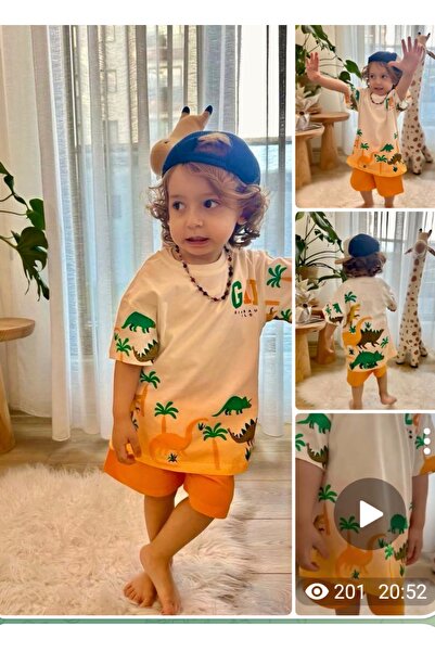 Uğur bebe Boy's Dinosaur Patterned 100% Cotton Ecru Orange Shorts Set - G.A.P