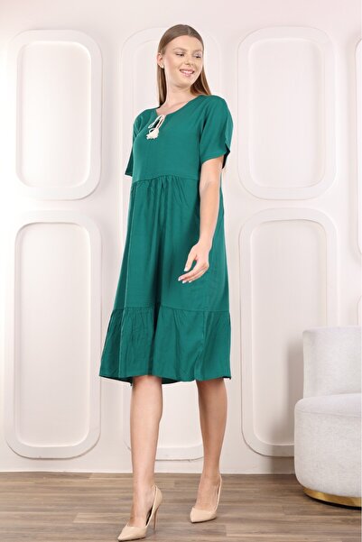 mervemoda Γυναικείο υφαντό καλοκαιρινό κοντομάνικο φόρεμα μέχρι το γόνατο