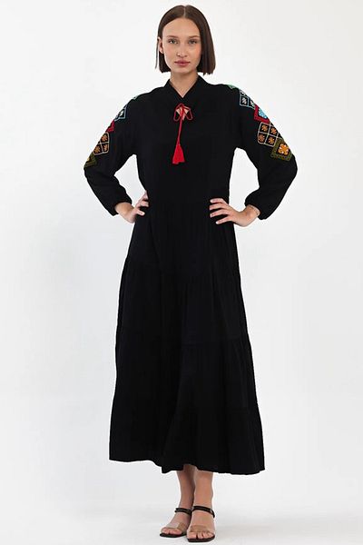 AYASOFYA OTANTIK Black Embroidered Long Dress - Long Sleeve with Placket Collar and Elastic