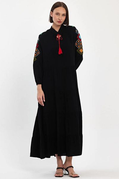 AYASOFYA OTANTIK Black Embroidered Long Dress - Long Sleeve with Placket Collar and Elastic