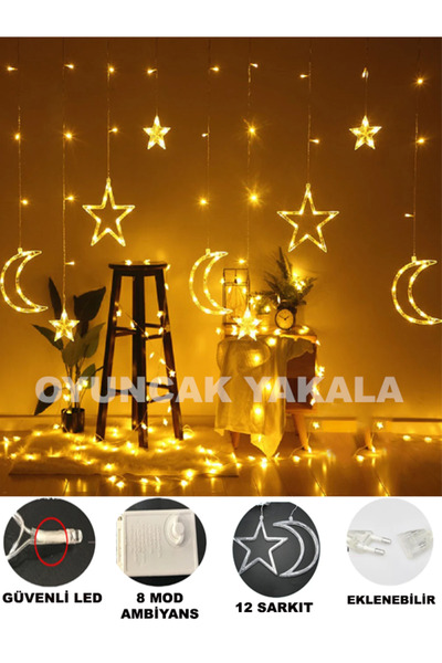 oyuncak yakala Dekoratif Ay Yıldız Perde Led Günışığı 12 Sarkıt 8 Fonksiyonlu