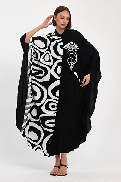 AYASOFYA OTANTIK Rochie cămașă oversize cu broderie alb-negru