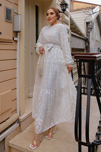 benguen 1389-1 Cutout Chiffon Dress with Belt White