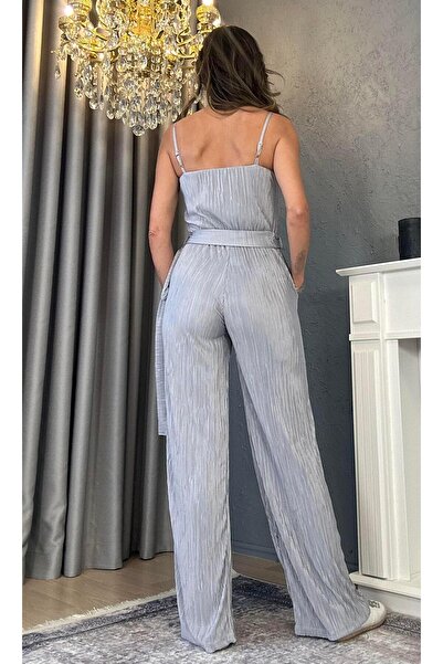 Atelier Derin Gray Satin Textured Suspender Romper