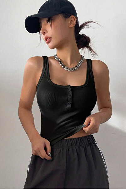 MADALİNA Kadın Siyah Kaşkorse Geniş Askılı Düğmeli Crop Bluz