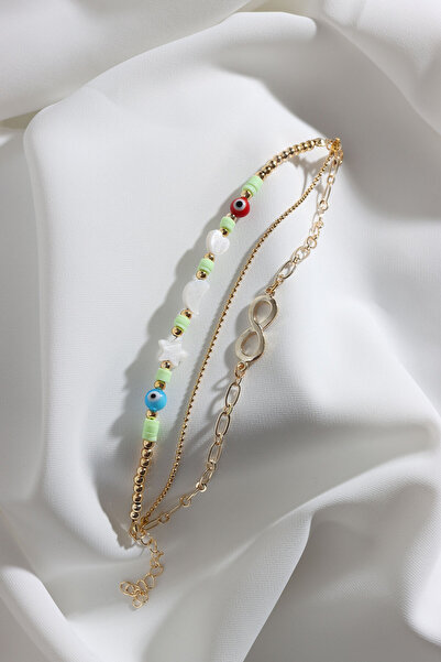 3-Piece Gold Color Bracelet with Sea Green Fimo Beads