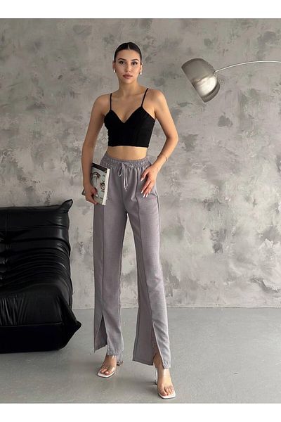 hazelin Women's Gray High Elastic Waist Slit Detailed Pocketless Imported Linen Unlined Pants HZL24S-FRY121941