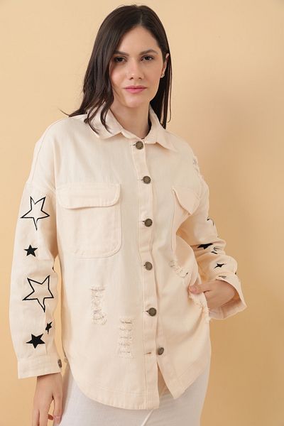 Asist Double Pocket Buttoned Star Print Detail Women's Black Shirt - 0390