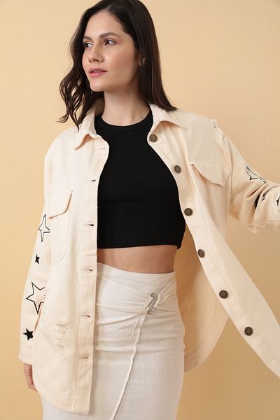 Asist Double Pocket Buttoned Star Print Detail Women's Black Shirt - 0390