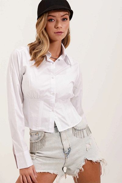 hazelin Cămașă albă din popelin crop cu talie slim fit pentru femei HZL24W-BD1202311