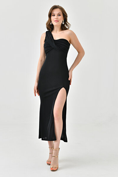 vuvutasarım Full Lycra Buzzy Fabric Slit Detailed One Shoulder Midi Length Summer Black Dress 1050