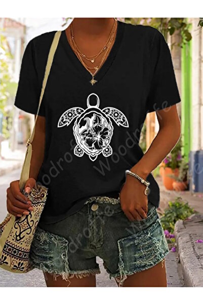 WOODROFFE Tricou negru cu decolteu în V, prietenos cu animalele - Potrivire l...