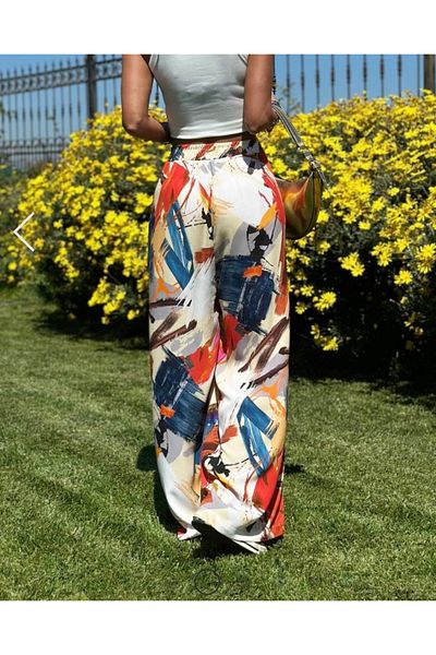 NFS BUTİK Viscose Fabric - Brush Patterned, Rubber Waist, Wide Leg Trousers