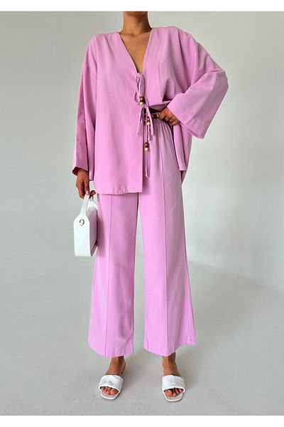Laluvia Leinen-Kimono-Set – Rosa Perlendetails