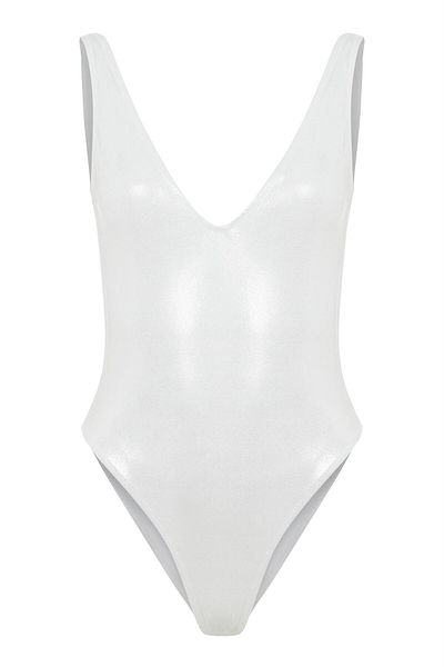 AQUELLA Shiny Silver Textured V-Neck Swimsuit