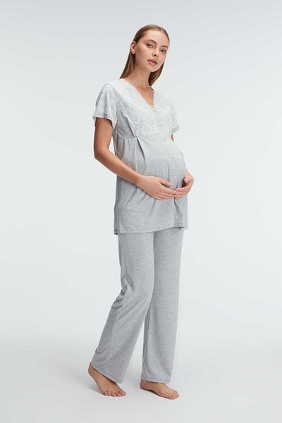 ANIL AMBALAJ Anil 11308 - Women's V-Neck Polyester Elastane Maternity Pajamas Set, Short Sleeve and Knitted Lace Detail