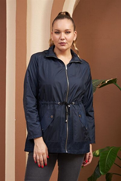 RMG Büyük Beden Fileli Trençkot Lacivert