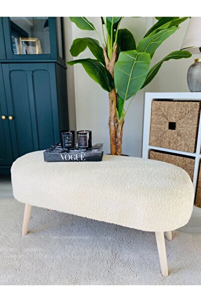 WEBPANYA Retro Ahşap Ayaklı Geniş Oturum Alanlı Oval Bench Puf Beyaz Teddy Kumaş