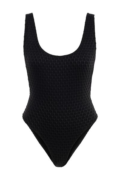 AQUELLA Black Textured U Collar Swimsuit