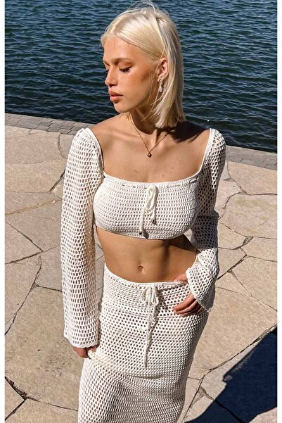 Sistaful El Örgüsü Beyaz Crop Büstiyer Etek 2'li Takım