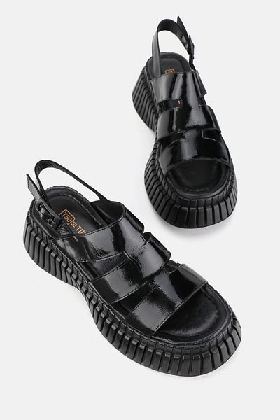 TUNAELLİ Black Patent Leather Genuine Natural Leather Women's Sandals - Size 36-41