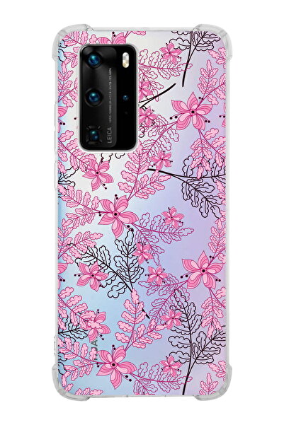 PrintiFy Huawei P40 Pro Uyumlu Köşe Korumalı Floral Pembe Tasarımlı Şeffaf Silikon Kılıf