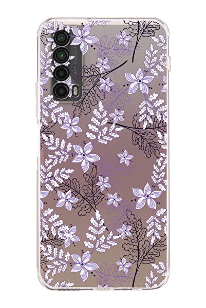 PrintiFy Huawei Psmart 2021 Uyumlu Kamera Korumalı Floral Lila Tasarımlı Şeff...