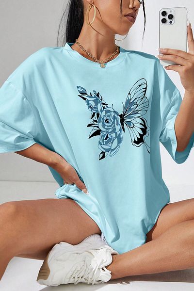 MODAGEN Μπλουζάκι Unisex Baby Blue Crew με λουλουδάτο μπλουζάκι με στάμπα με πεταλούδα