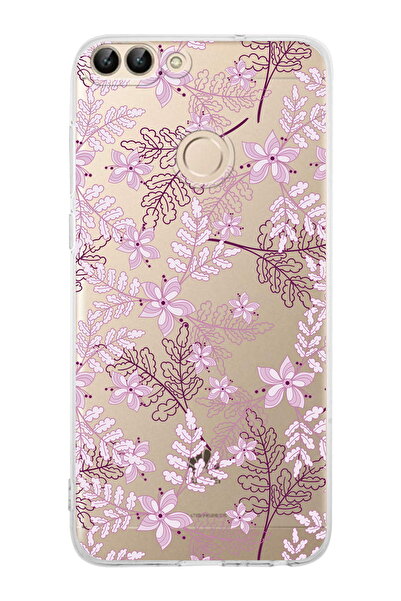 PrintiFy Huawei PSmart (2018) Uyumlu Kamera Korumalı Floral Pudra Tasarımlı Şeffaf Kılıf
