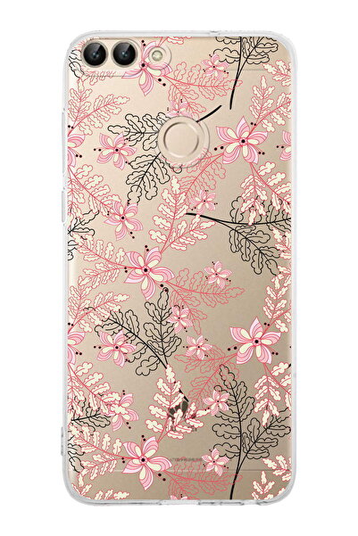 PrintiFy Huawei PSmart (2018) Uyumlu Kamera Korumalı Floral Kırmızı Tasarımlı Şeffaf Kılıf