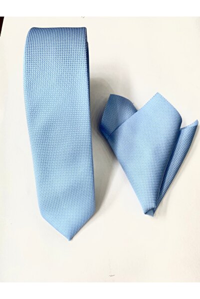 CRWAT ® KRAVAT BEBE MAVİ / DOKUMA DESENLİ SLİM MENDİLLİ KRAVAT