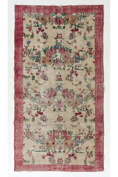 Tekin 115x205 cm Kırmızı ve Fildişi Düşük Yün Tüylü Eski El Yapımı Türk Çiçek...