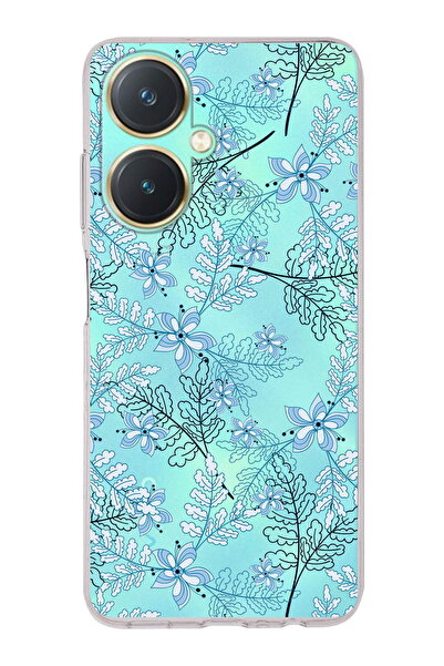 PrintiFy Vivo Y27 Uyumlu Kamera Korumalı Floral Mavi Tasarımlı Şeffaf Silikon...