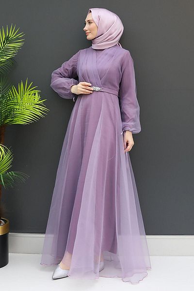 GİZ AGİYİM Stone Belt Tulle Dress Lilac