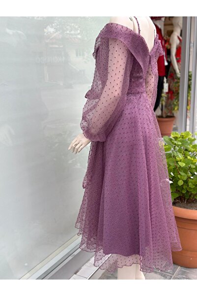 Saygın 399 Поважне вечірнє плаття середньої довжини з поясом з тюлю