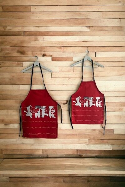 KEDİ Red Cat Set of 2 - Stain-Proof Apron for Mother and Child