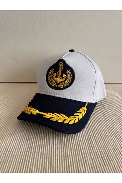HatClub Exclusive Sailor Model Anchor Embroidered Adjustable Unisex White Captain Hat with Back