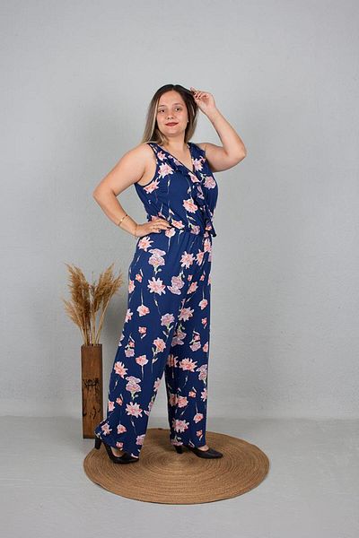 Truva XXL Large Size Floral Patterned Loose Leg Jumpsuit Navy Blue Tlm192