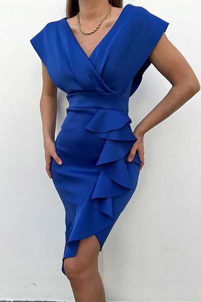 ubmbutik Women's Midi Dress - Double-breasted Collar - Frilled Floppy Front - Evening Dress Homecoming Wedding Dress