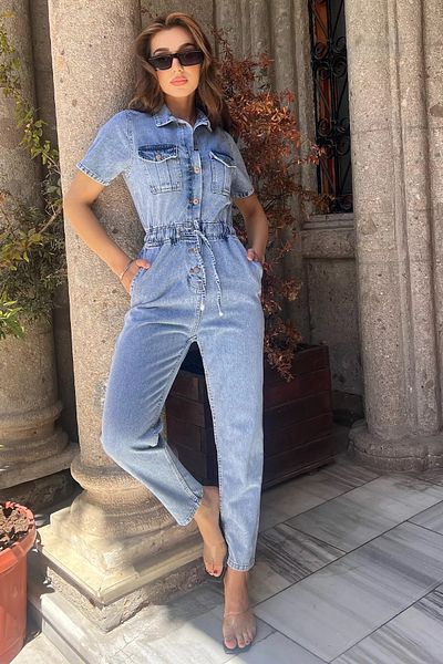 GÜLSELİ Polo Neck Women's Jeans - Double Pocket Denim Overalls Salopet