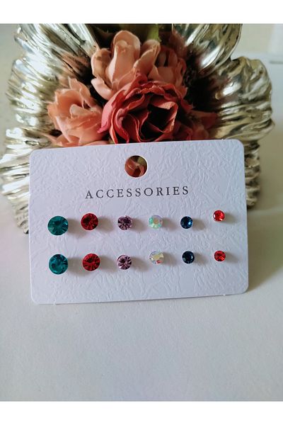 MİRAKSESUAR Set of 12 Colorful Stone Detailed Earrings